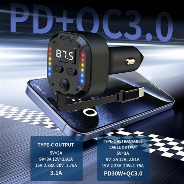 C69 PD 30W Fast Charger FM Transmitter Bluetooth Car Charger with Type-C Extendable Cable - Bluetooth Car Kits by buy2fix | Online Shopping UK | buy2fix