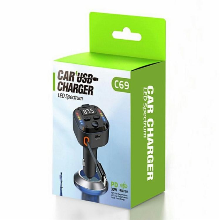 C69 PD 30W Fast Charger FM Transmitter Bluetooth Car Charger with Type-C Extendable Cable - Bluetooth Car Kits by buy2fix | Online Shopping UK | buy2fix
