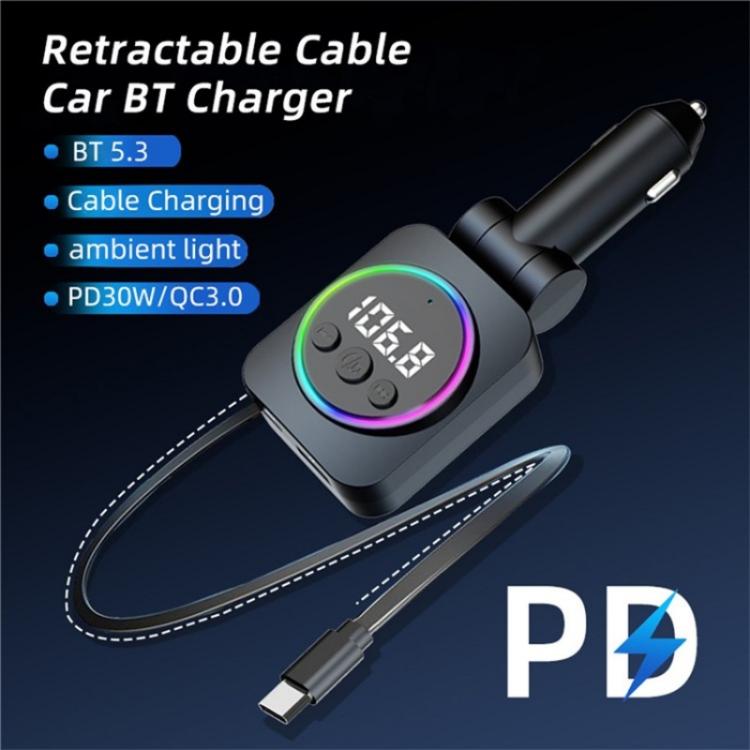 C76 Retractable Cable PD 30W Car Charger Cigarette Lighter Adapter Bluetooth FM Transmitter - Car Charger by buy2fix | Online Shopping UK | buy2fix