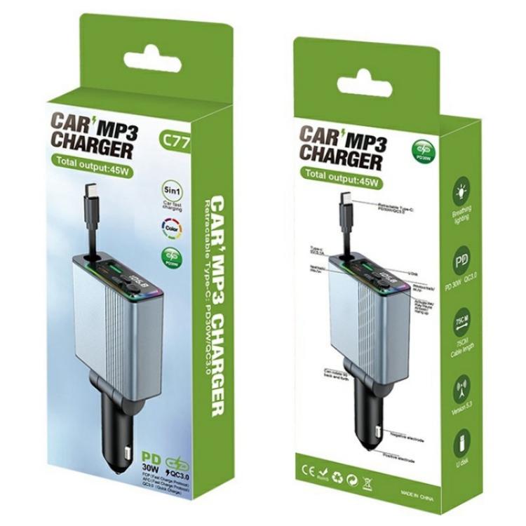 C77 Car Charger FM Transmitter Fast Charging Adapter with PD 30W Extendable Type-C Cable - Car Charger by buy2fix | Online Shopping UK | buy2fix