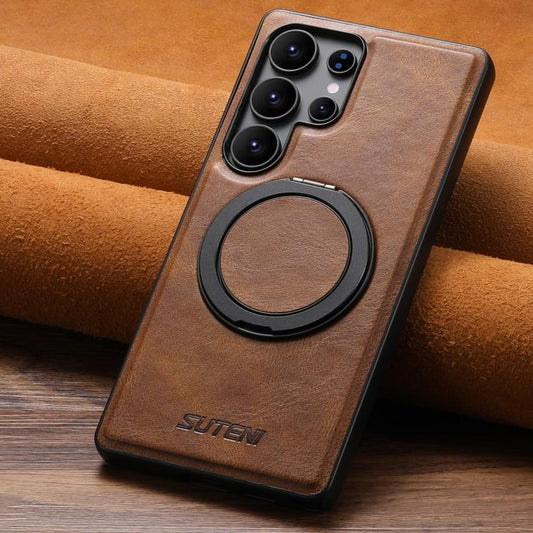 For Samsung Galaxy S25 5G Suteni G3 Oil Wax 360 Rotation Holder MagSafe Back Phone Case(Brown) - Galaxy S25 5G Cases by Suteni | Online Shopping UK | buy2fix