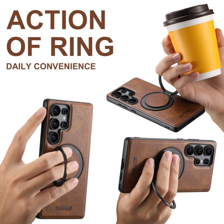 For Samsung Galaxy S24 5G Suteni G3 Oil Wax 360 Rotation Holder MagSafe Back Phone Case(Brown) - Galaxy S24 5G Cases by Suteni | Online Shopping UK | buy2fix