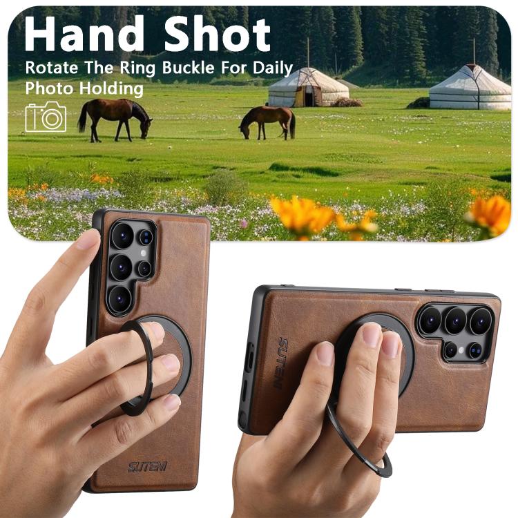 For Samsung Galaxy S22 5G Suteni G3 Oil Wax 360 Rotation Holder MagSafe Back Phone Case(Brown) - Galaxy S22 5G Cases by Suteni | Online Shopping UK | buy2fix