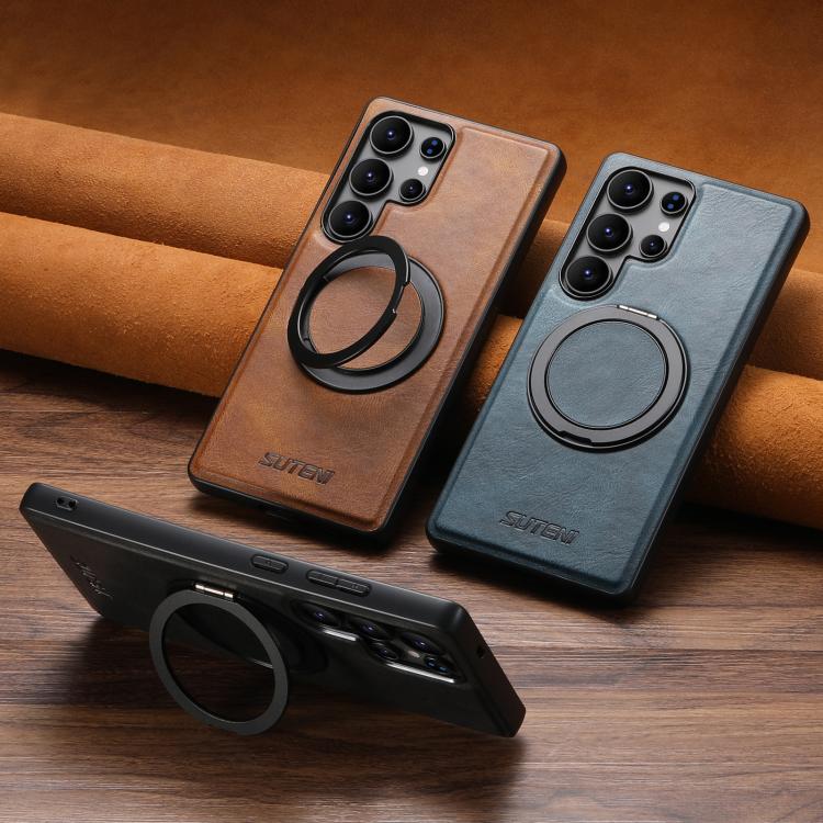 For Samsung Galaxy S22 5G Suteni G3 Oil Wax 360 Rotation Holder MagSafe Back Phone Case(Brown) - Galaxy S22 5G Cases by Suteni | Online Shopping UK | buy2fix