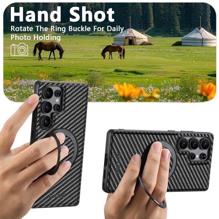 For Samsung Galaxy S23 Ultra 5G Suteni G3 Carbon Fiber Leather 360 Rotation Holder MagSafe Phone Case(Black) - Galaxy S23 Ultra 5G Cases by Suteni | Online Shopping UK | buy2fix