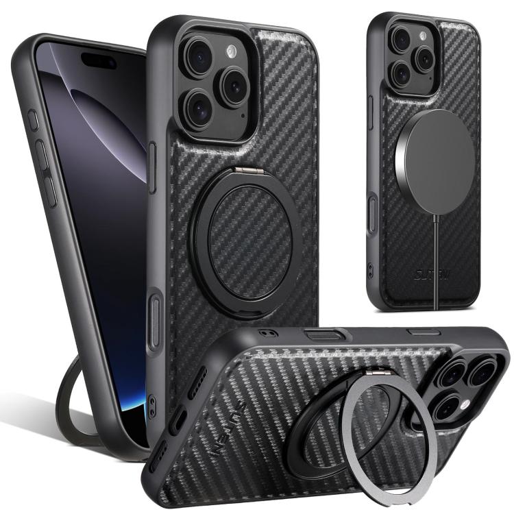 For iPhone 16 Pro Suteni G3 Carbon Fiber Leather 360 Rotation Holder MagSafe Phone Case(Black) - iPhone 16 Pro Cases by Suteni | Online Shopping UK | buy2fix
