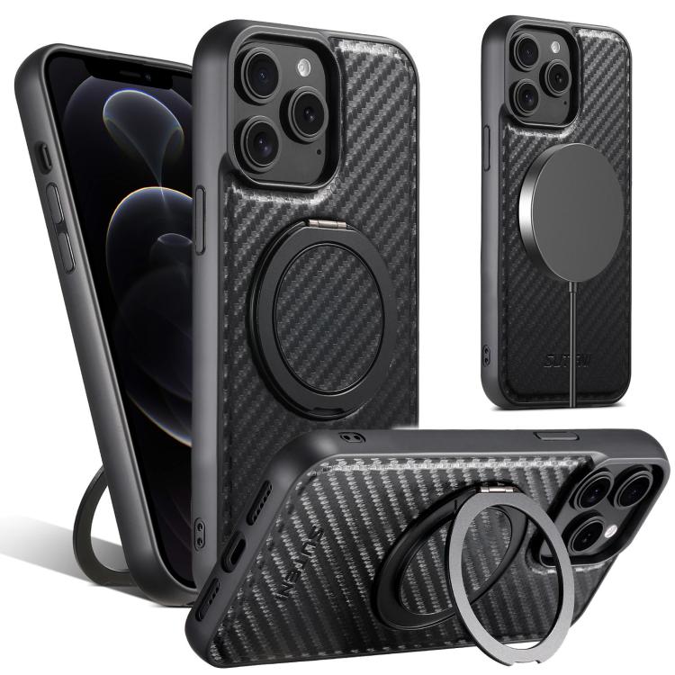 For iPhone 12 Pro Max Suteni G3 Carbon Fiber Leather 360 Rotation Holder MagSafe Phone Case(Black) - iPhone 12 Pro Max Cases by Suteni | Online Shopping UK | buy2fix