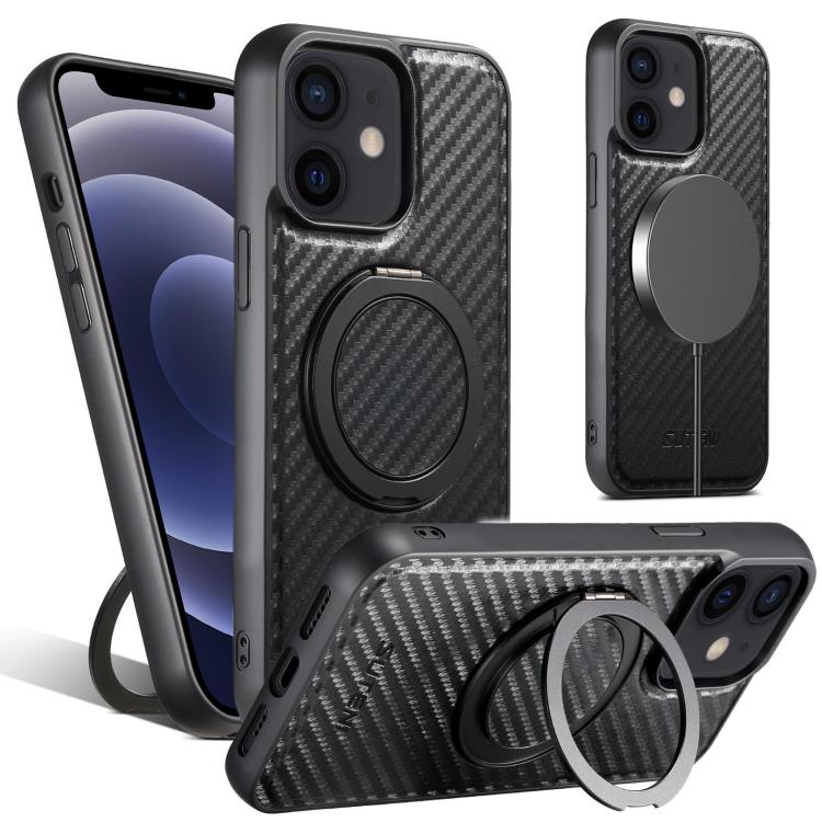 For iPhone 12 / 12 Pro Suteni G3 Carbon Fiber Leather 360 Rotation Holder MagSafe Phone Case(Black) - iPhone 12 / 12 Pro Cases by Suteni | Online Shopping UK | buy2fix