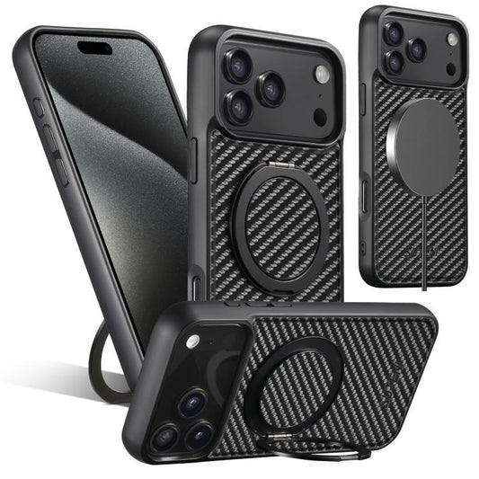 For iPhone 17 Pro Max Suteni G3 Carbon Fiber Leather 360 Rotation Holder MagSafe Phone Case(Black) - iPhone 17 Pro Max Cases by Suteni | Online Shopping UK | buy2fix