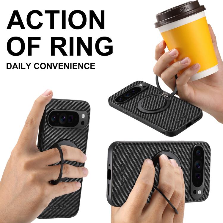 For Google Pixel 10 Pro Suteni G3 Carbon Fiber Leather 360 Rotation Holder MagSafe Phone Case(Black) - Google Cases by Suteni | Online Shopping UK | buy2fix