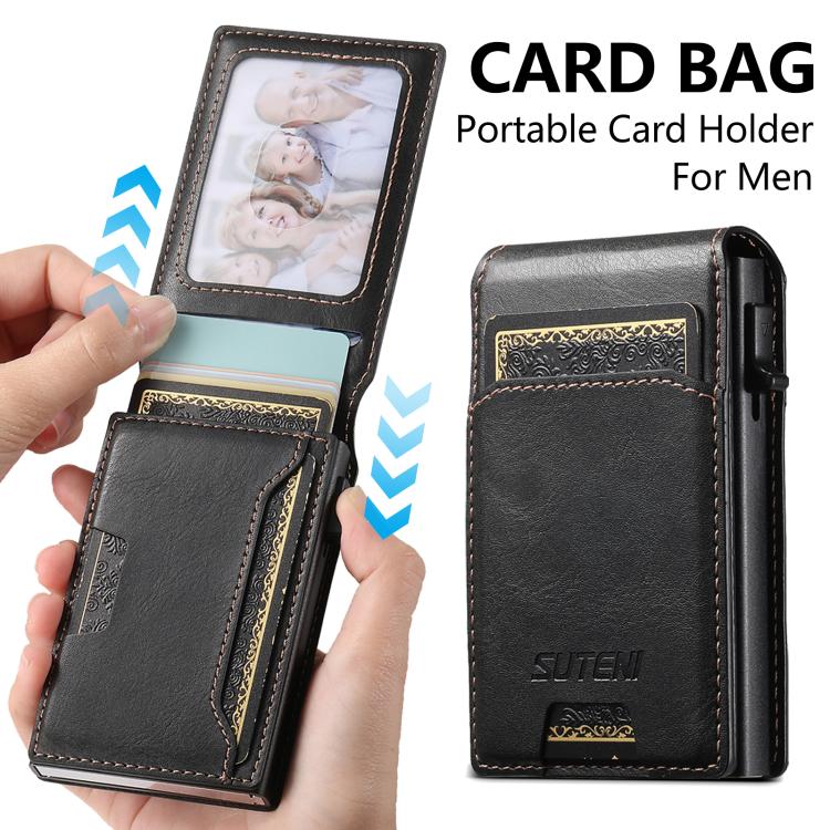 Suteni Oil Waxy Keys Automatically Pop Up Card Wallet Case(Black) - Adhesive Card Holders by Suteni | Online Shopping UK | buy2fix