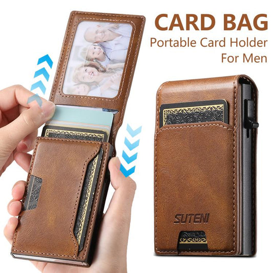 Suteni Oil Waxy Keys Automatically Pop Up Card Wallet Case(Brown) - Adhesive Card Holders by Suteni | Online Shopping UK | buy2fix