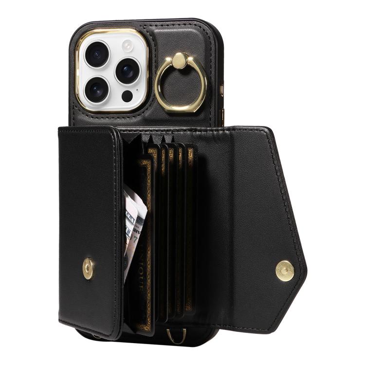 For iPhone 16 Pro Diagonal Crossbody Ring Organ Wallet Leather Back Phone Case(Black) - iPhone 16 Pro Cases by buy2fix | Online Shopping UK | buy2fix