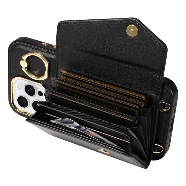 For iPhone 16 Pro Diagonal Crossbody Ring Organ Wallet Leather Back Phone Case(Black) - iPhone 16 Pro Cases by buy2fix | Online Shopping UK | buy2fix