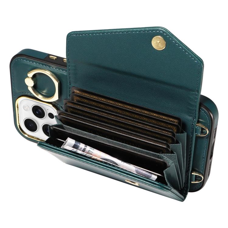For iPhone 16 Pro Diagonal Crossbody Ring Organ Wallet Leather Back Phone Case(Dark Green) - iPhone 16 Pro Cases by buy2fix | Online Shopping UK | buy2fix