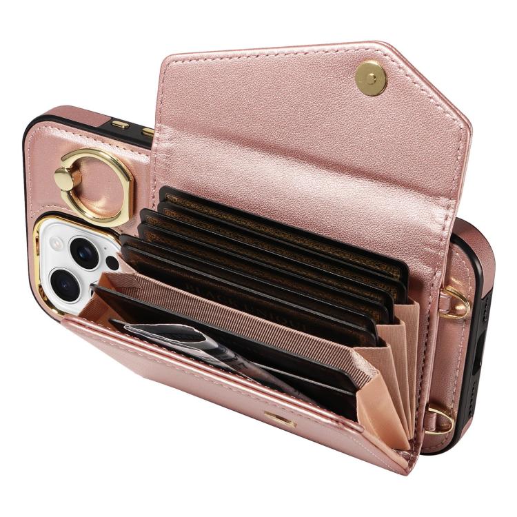 For iPhone 16 Pro Diagonal Crossbody Ring Organ Wallet Leather Back Phone Case(Rose Gold) - iPhone 16 Pro Cases by buy2fix | Online Shopping UK | buy2fix