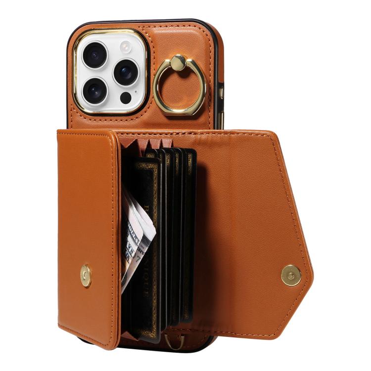 For iPhone 16 Pro Diagonal Crossbody Ring Organ Wallet Leather Back Phone Case(Brown) - iPhone 16 Pro Cases by buy2fix | Online Shopping UK | buy2fix