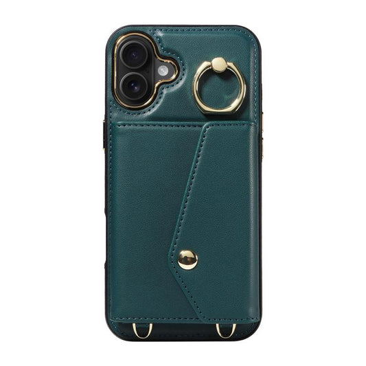 For iPhone 16 Plus Diagonal Crossbody Ring Organ Wallet Leather Back Phone Case(Dark Green) - iPhone 16 Plus Cases by buy2fix | Online Shopping UK | buy2fix
