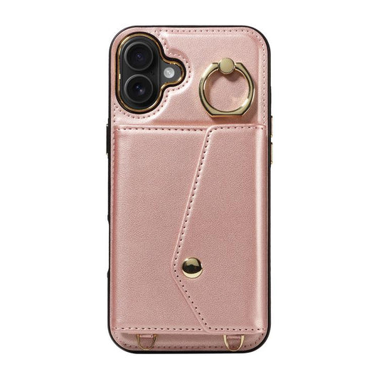 For iPhone 16 Plus Diagonal Crossbody Ring Organ Wallet Leather Back Phone Case(Rose Gold) - iPhone 16 Plus Cases by buy2fix | Online Shopping UK | buy2fix