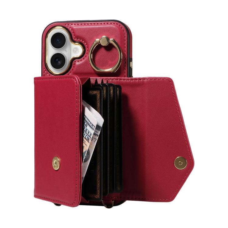 For iPhone 16 Diagonal Crossbody Ring Organ Wallet Leather Back Phone Case(Wine Red) - iPhone 16 Cases by buy2fix | Online Shopping UK | buy2fix