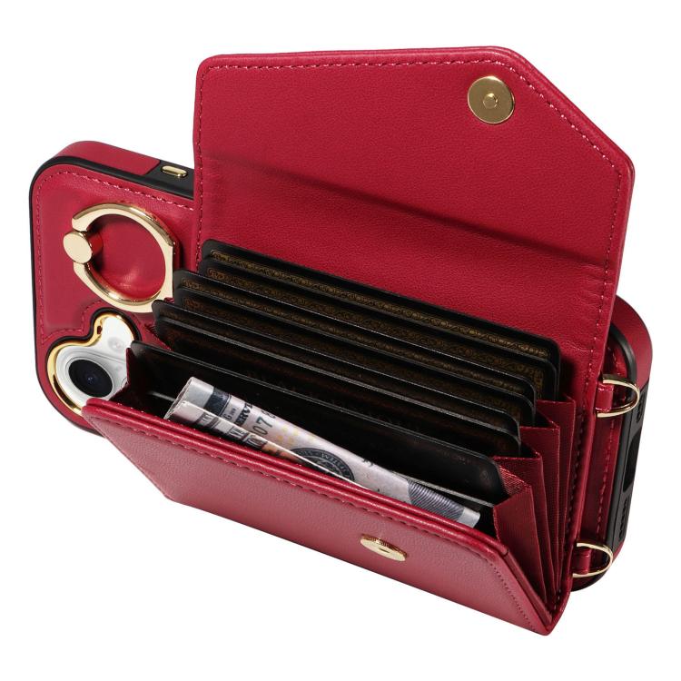For iPhone 16 Diagonal Crossbody Ring Organ Wallet Leather Back Phone Case(Wine Red) - iPhone 16 Cases by buy2fix | Online Shopping UK | buy2fix