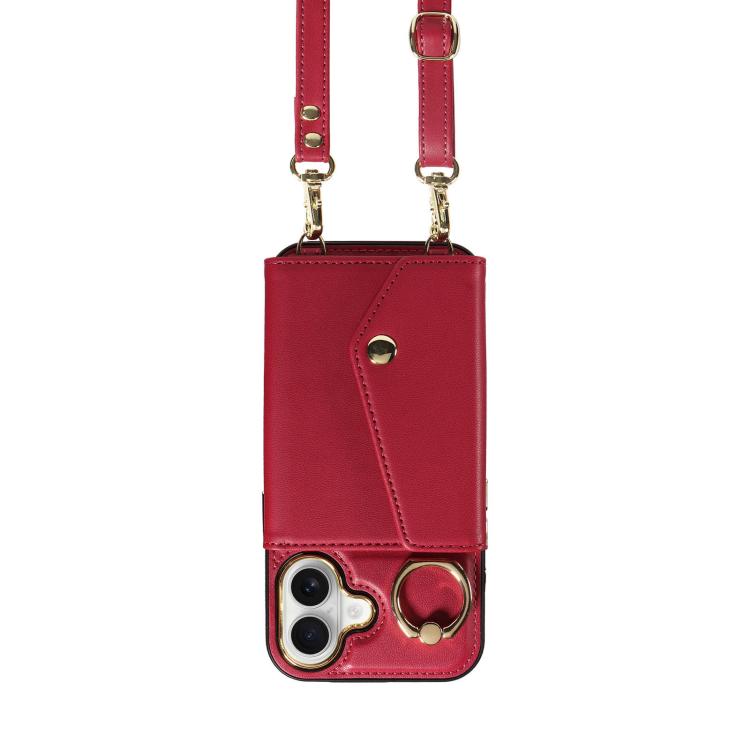 For iPhone 16 Diagonal Crossbody Ring Organ Wallet Leather Back Phone Case(Wine Red) - iPhone 16 Cases by buy2fix | Online Shopping UK | buy2fix