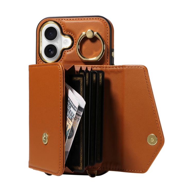 For iPhone 16 Diagonal Crossbody Ring Organ Wallet Leather Back Phone Case(Brown) - iPhone 16 Cases by buy2fix | Online Shopping UK | buy2fix
