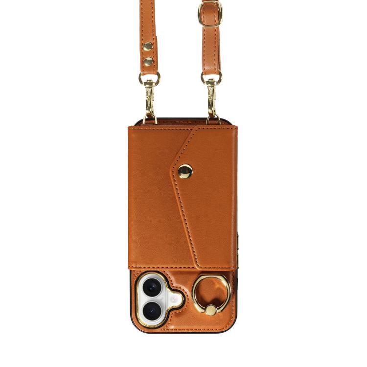 For iPhone 16 Diagonal Crossbody Ring Organ Wallet Leather Back Phone Case(Brown) - iPhone 16 Cases by buy2fix | Online Shopping UK | buy2fix