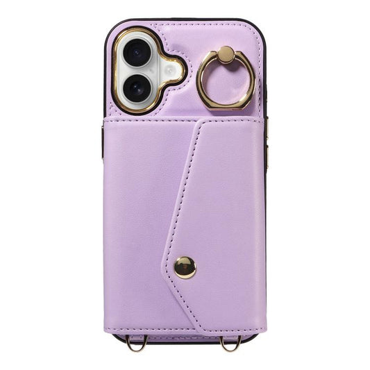 For iPhone 16 Diagonal Crossbody Ring Organ Wallet Leather Back Phone Case(Purple) - iPhone 16 Cases by buy2fix | Online Shopping UK | buy2fix