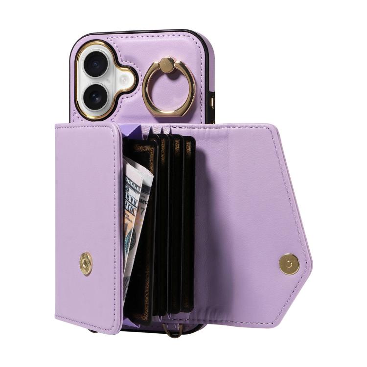 For iPhone 16 Diagonal Crossbody Ring Organ Wallet Leather Back Phone Case(Purple) - iPhone 16 Cases by buy2fix | Online Shopping UK | buy2fix