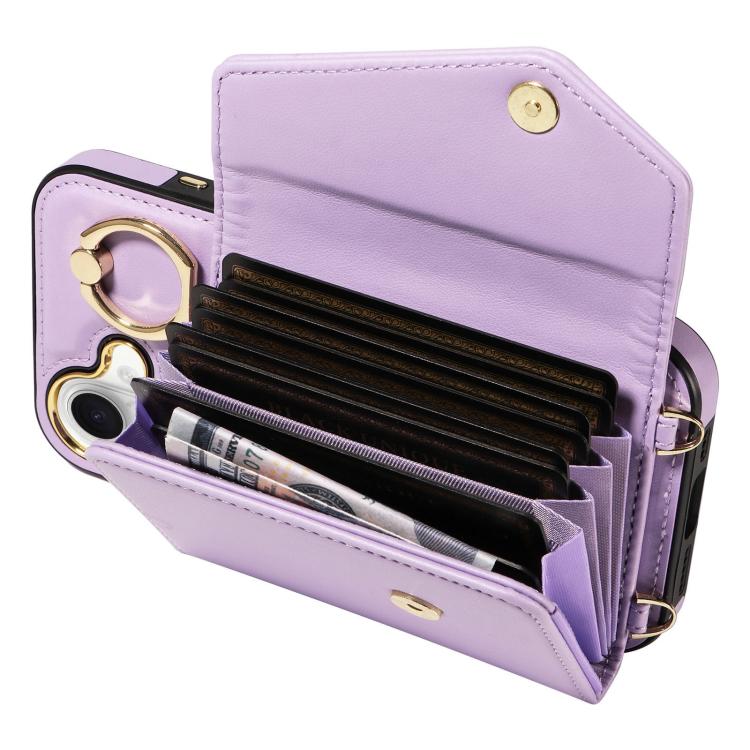 For iPhone 16 Diagonal Crossbody Ring Organ Wallet Leather Back Phone Case(Purple) - iPhone 16 Cases by buy2fix | Online Shopping UK | buy2fix