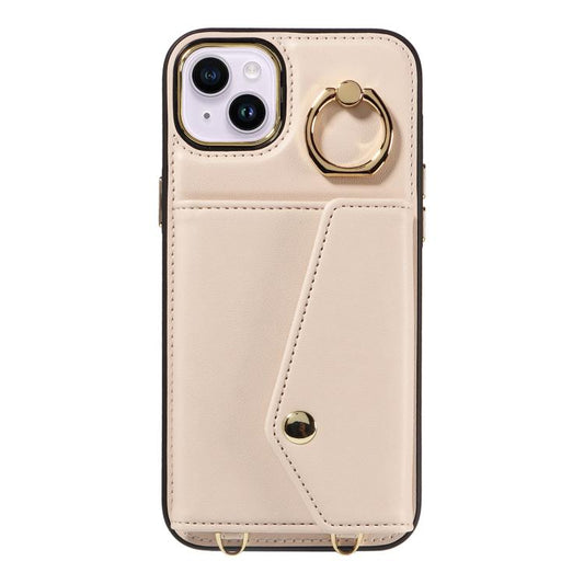 For iPhone 15 Plus Diagonal Crossbody Ring Organ Wallet Leather Back Phone Case(Beige) - iPhone 15 Plus Cases by buy2fix | Online Shopping UK | buy2fix