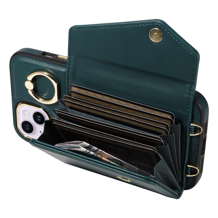 For iPhone 15 Diagonal Crossbody Ring Organ Wallet Leather Back Phone Case(Dark Green) - iPhone 15 Cases by buy2fix | Online Shopping UK | buy2fix