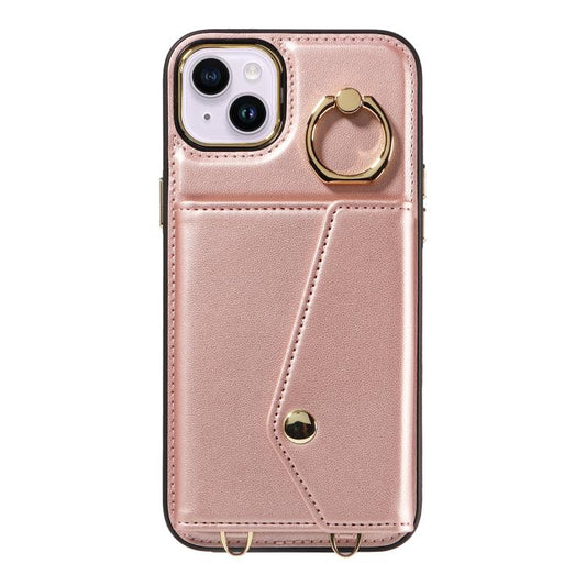For iPhone 15 Diagonal Crossbody Ring Organ Wallet Leather Back Phone Case(Rose Gold) - iPhone 15 Cases by buy2fix | Online Shopping UK | buy2fix