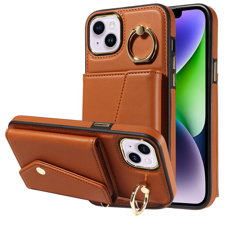 For iPhone 15 Diagonal Crossbody Ring Organ Wallet Leather Back Phone Case(Brown) - iPhone 15 Cases by buy2fix | Online Shopping UK | buy2fix