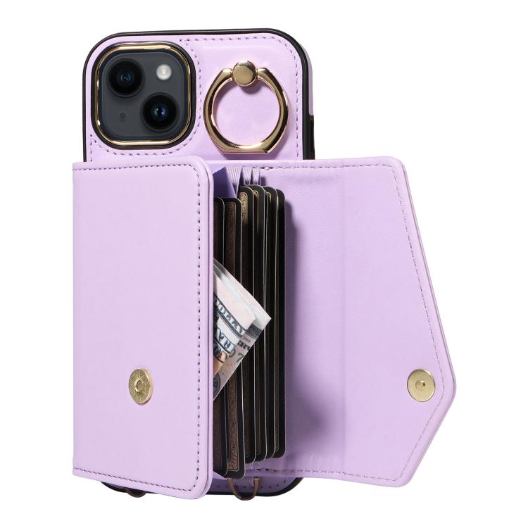 For iPhone 13 Diagonal Crossbody Ring Organ Wallet Leather Back Phone Case(Purple) - iPhone 13 Cases by buy2fix | Online Shopping UK | buy2fix