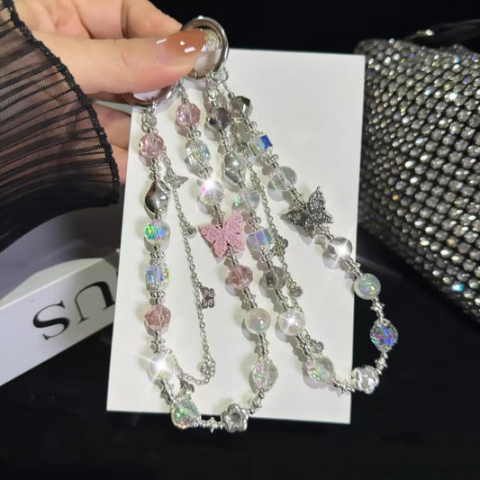 Butterfly Beaded Mobile Phone Chain(Pink) - Lanyards & Wrist Straps by buy2fix | Online Shopping UK | buy2fix