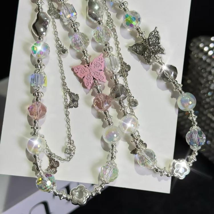 Butterfly Beaded Mobile Phone Chain(Pink) - Lanyards & Wrist Straps by buy2fix | Online Shopping UK | buy2fix