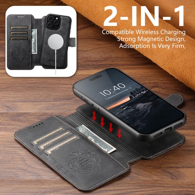 For iPhone 16 Pro Suteni Q05 2-in-1 Multi-function Detachable Wallet MagSafe Phone Case(Black) - iPhone 16 Pro Cases by Suteni | Online Shopping UK | buy2fix