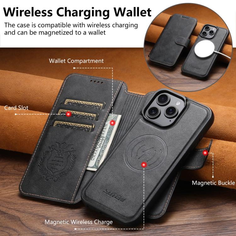 For iPhone 16 Pro Suteni Q05 2-in-1 Multi-function Detachable Wallet MagSafe Phone Case(Black) - iPhone 16 Pro Cases by Suteni | Online Shopping UK | buy2fix