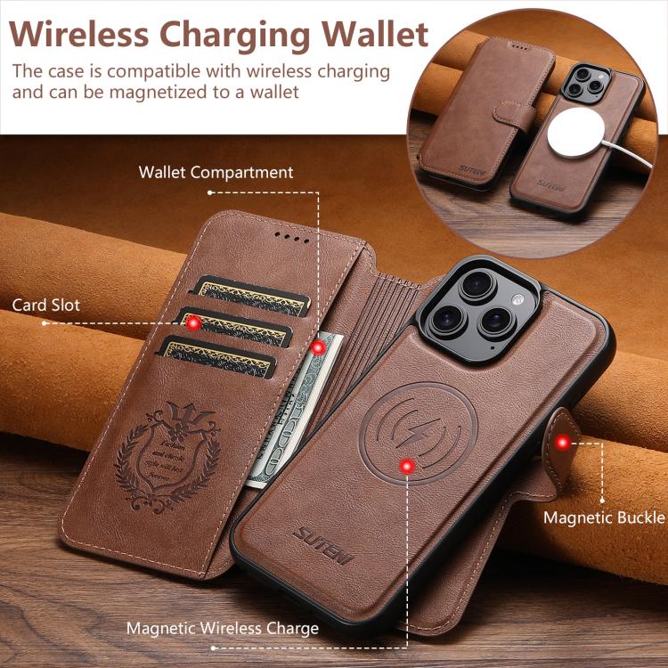 For iPhone 16 Pro Suteni Q05 2-in-1 Multi-function Detachable Wallet MagSafe Phone Case(Brown) - iPhone 16 Pro Cases by Suteni | Online Shopping UK | buy2fix