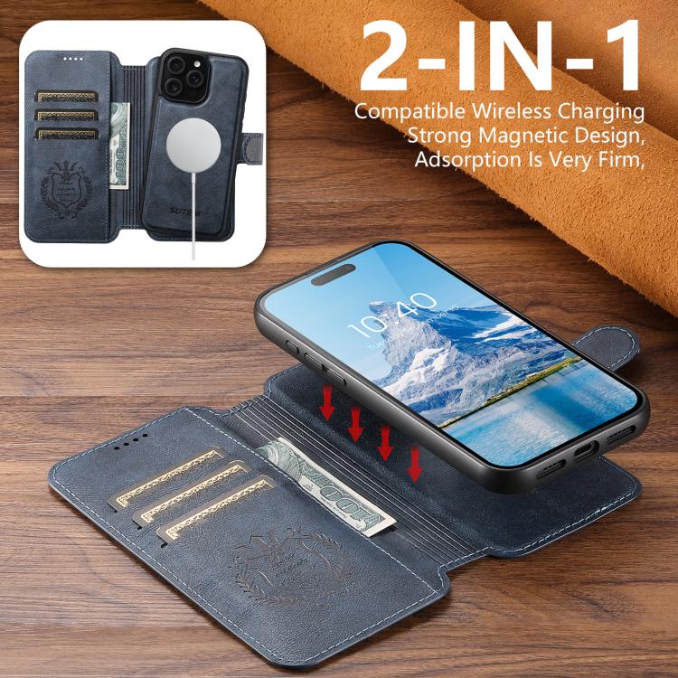 For iPhone 14 Suteni Q05 2-in-1 Multi-function Detachable Wallet MagSafe Phone Case(Blue) - iPhone 14 Cases by Suteni | Online Shopping UK | buy2fix