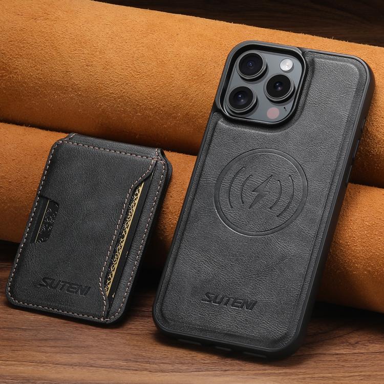 For iPhone 16 Pro Suteni M3 Card Bag MagSafe Cowhide Texture Leather Phone Case(Black) - iPhone 16 Pro Cases by Suteni | Online Shopping UK | buy2fix