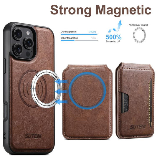 For iPhone 16 Plus Suteni M3 Card Bag MagSafe Cowhide Texture Leather Phone Case(Brown) - iPhone 16 Plus Cases by Suteni | Online Shopping UK | buy2fix