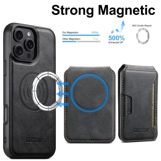 For iPhone 15 Pro Suteni M3 Card Bag MagSafe Cowhide Texture Leather Phone Case(Black) - iPhone 15 Pro Cases by Suteni | Online Shopping UK | buy2fix