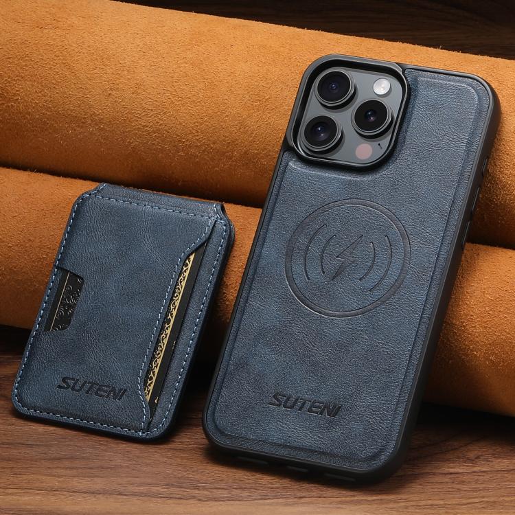 For iPhone 12 Pro Suteni M3 Card Bag MagSafe Cowhide Texture Leather Phone Case(Blue) - iPhone 16 Pro Max Cases by Suteni | Online Shopping UK | buy2fix
