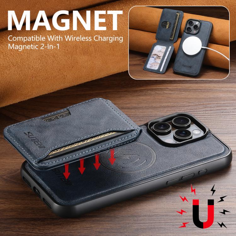 For iPhone 12 Pro Suteni M3 Card Bag MagSafe Cowhide Texture Leather Phone Case(Blue) - iPhone 16 Pro Max Cases by Suteni | Online Shopping UK | buy2fix