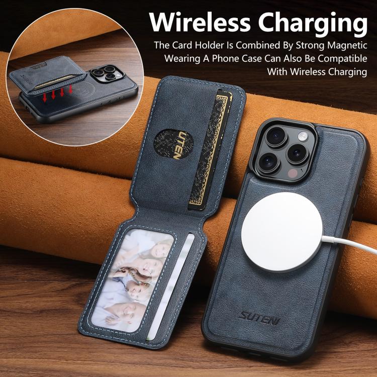 For iPhone 12 Pro Suteni M3 Card Bag MagSafe Cowhide Texture Leather Phone Case(Blue) - iPhone 16 Pro Max Cases by Suteni | Online Shopping UK | buy2fix
