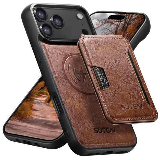 For iPhone 17 Pro Max Suteni M3 Card Bag MagSafe Cowhide Texture Leather Phone Case(Brown) - iPhone 17 Pro Max Cases by Suteni | Online Shopping UK | buy2fix