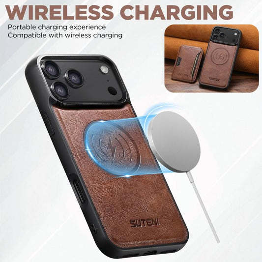 For iPhone 17 Suteni M3 Card Bag MagSafe Cowhide Texture Leather Phone Case(Brown) - iPhone 17 Cases by Suteni | Online Shopping UK | buy2fix